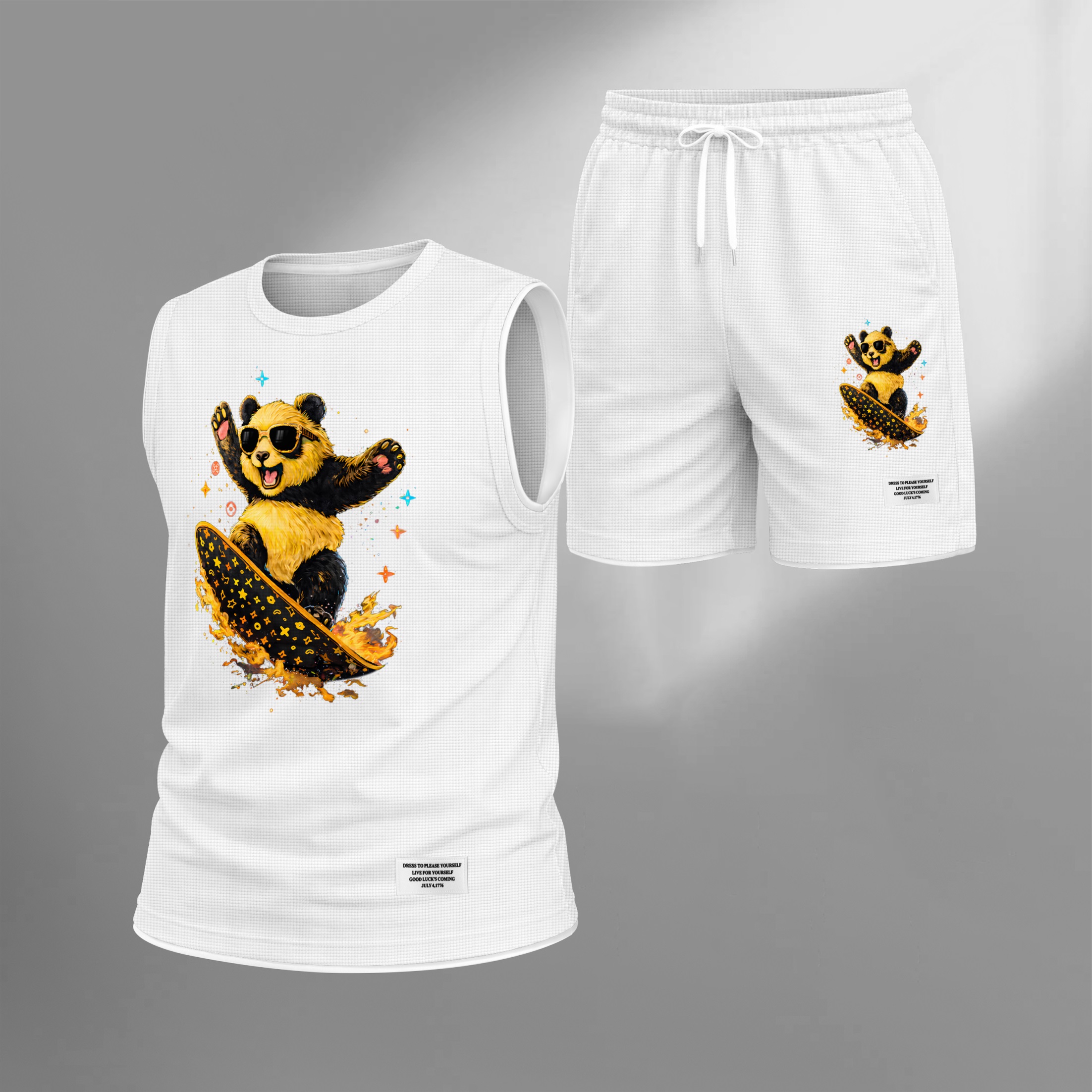 Shorts Cartoon Panda Graphic estampado Summer Set Sleeveless Tank Top & Matching Outfit, Skateboard Style Animal estampado Lightweight casual Streetwear Athletic Set for Everyday & Holiday para hombre