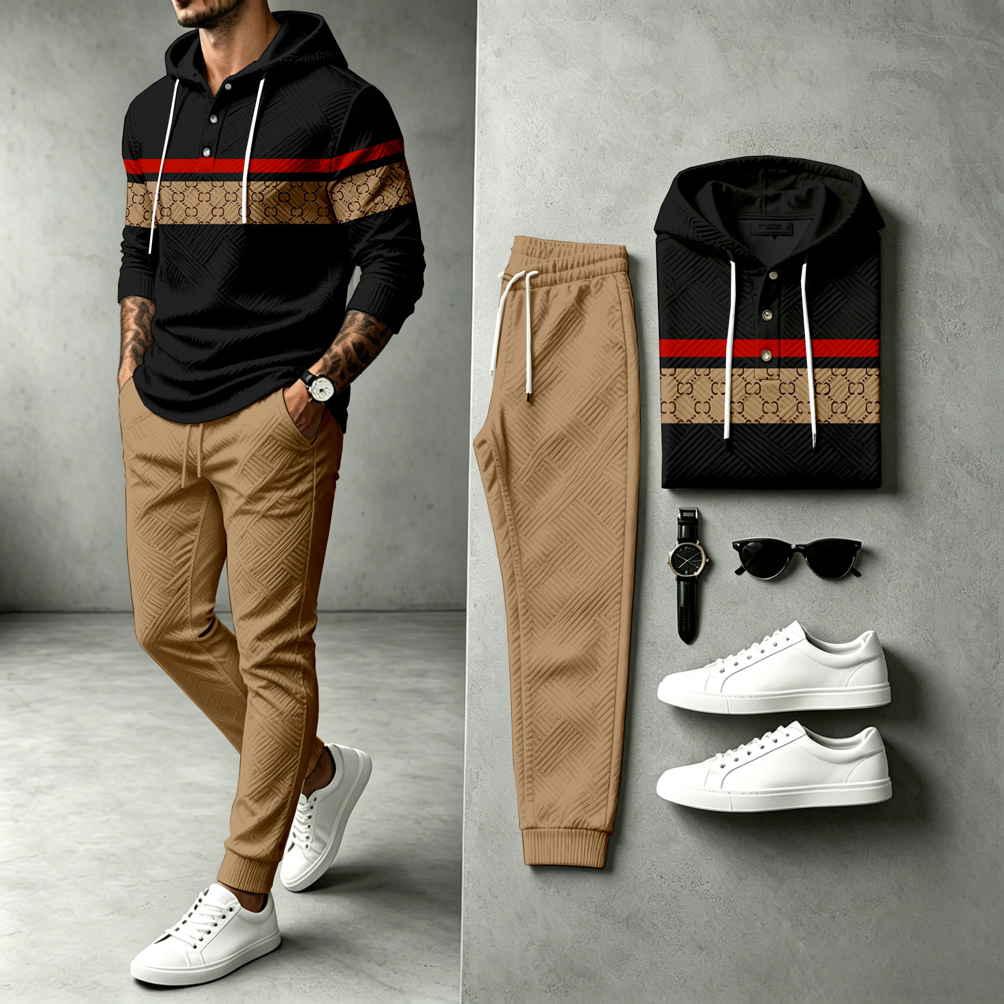 para hombre Black Hooded Sweacamiseta and pantalón Set