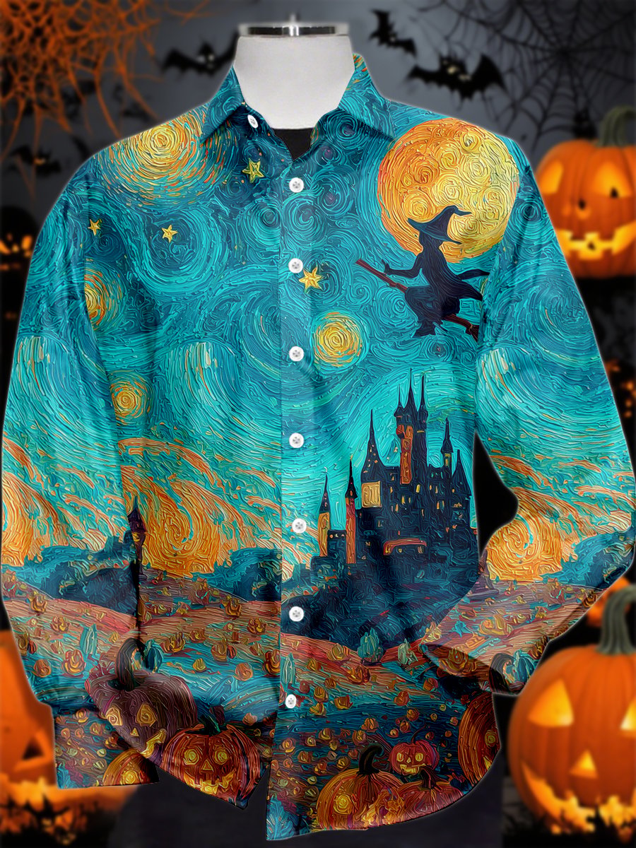 Camisa vintage Halloween estampado de manga larga para hombre