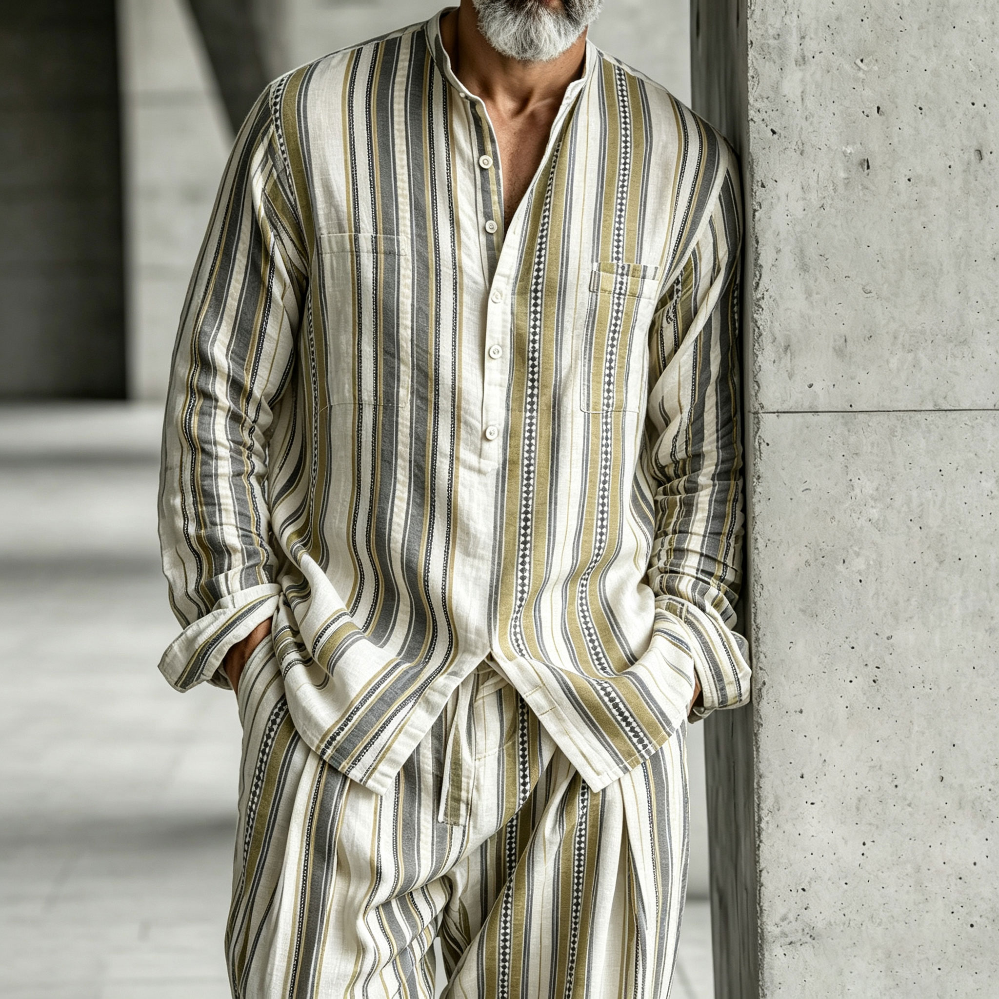 para hombre Color-Blocked Stand-Collar Half-Open Henley camisa and pantalón