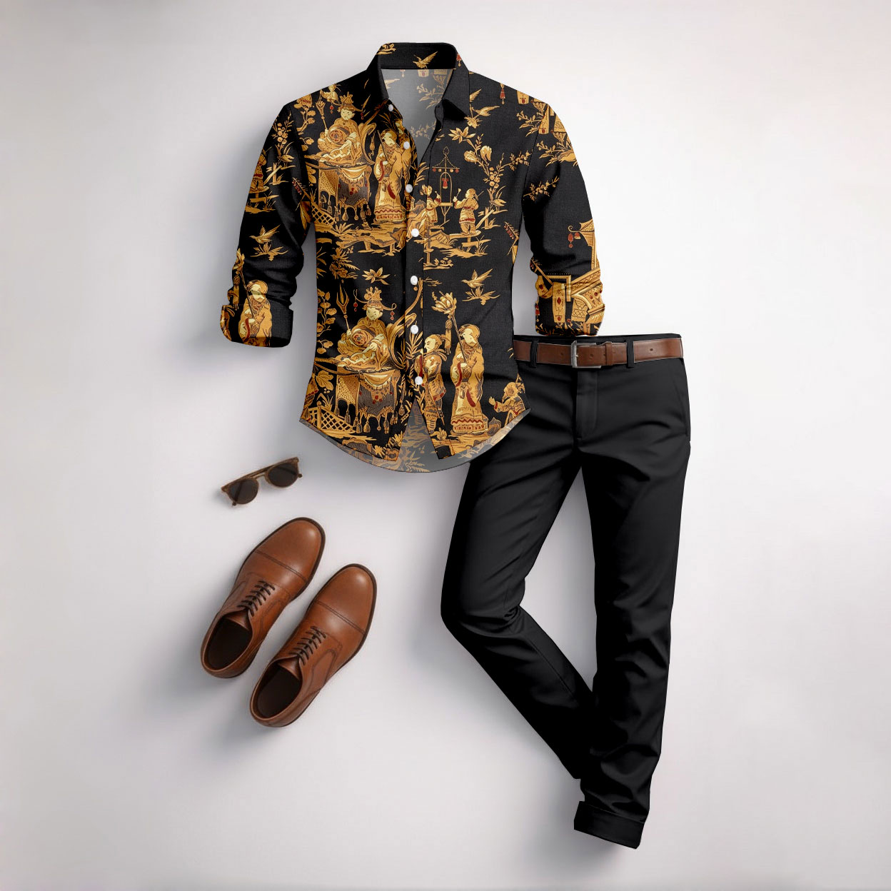 para hombre Ethnic-Print de manga larga camisa and pantalón Set