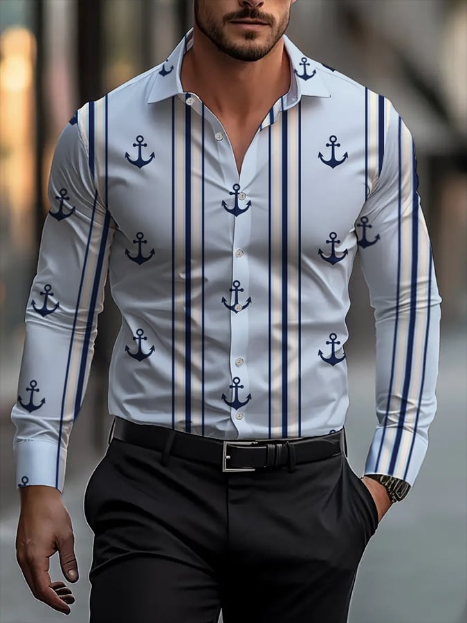 Camisa vintage Anchor de moda de manga larga solapa para hombre