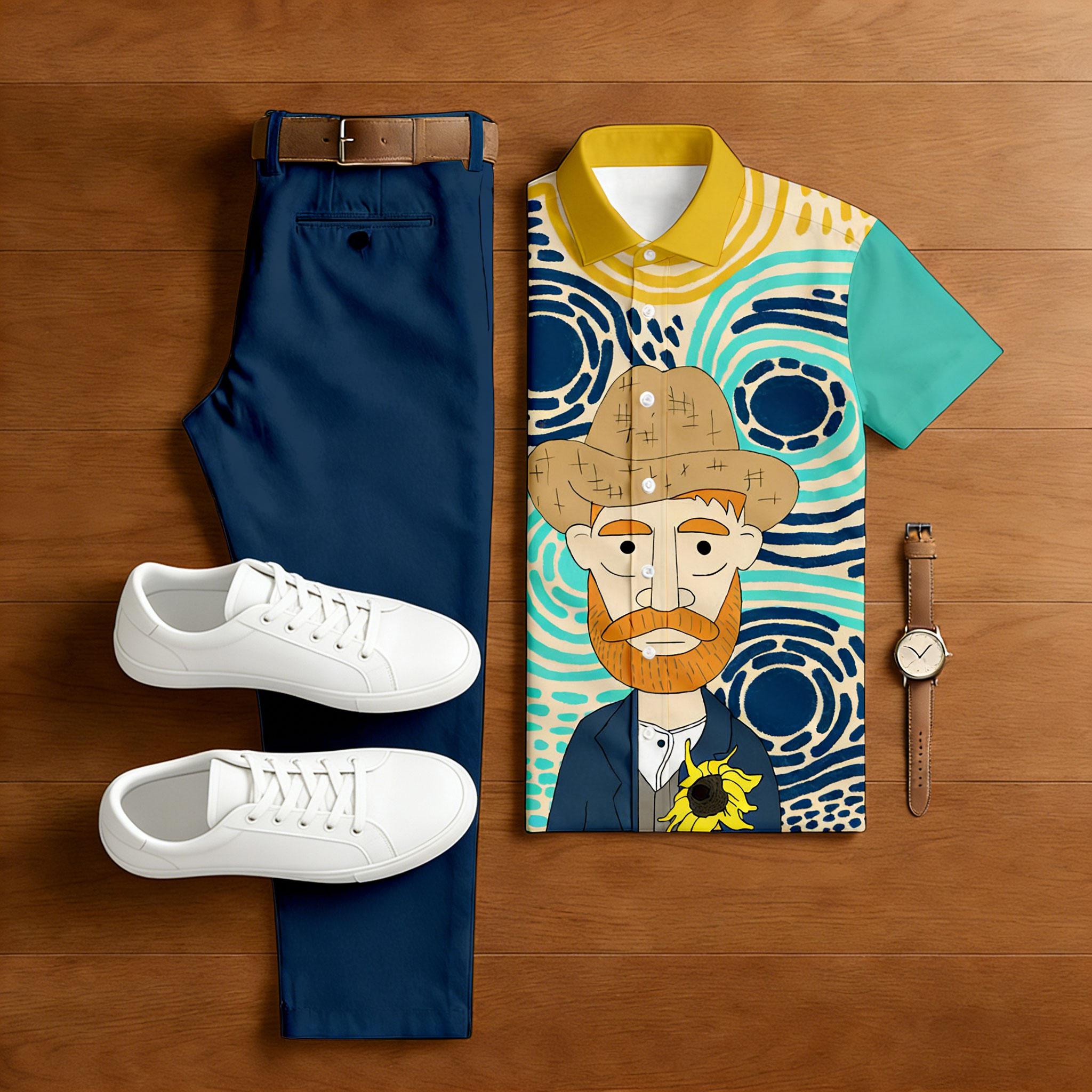 Conjunto de dos piezas casual Contrasting Colors estampado camisa polo And Trousers para hombre