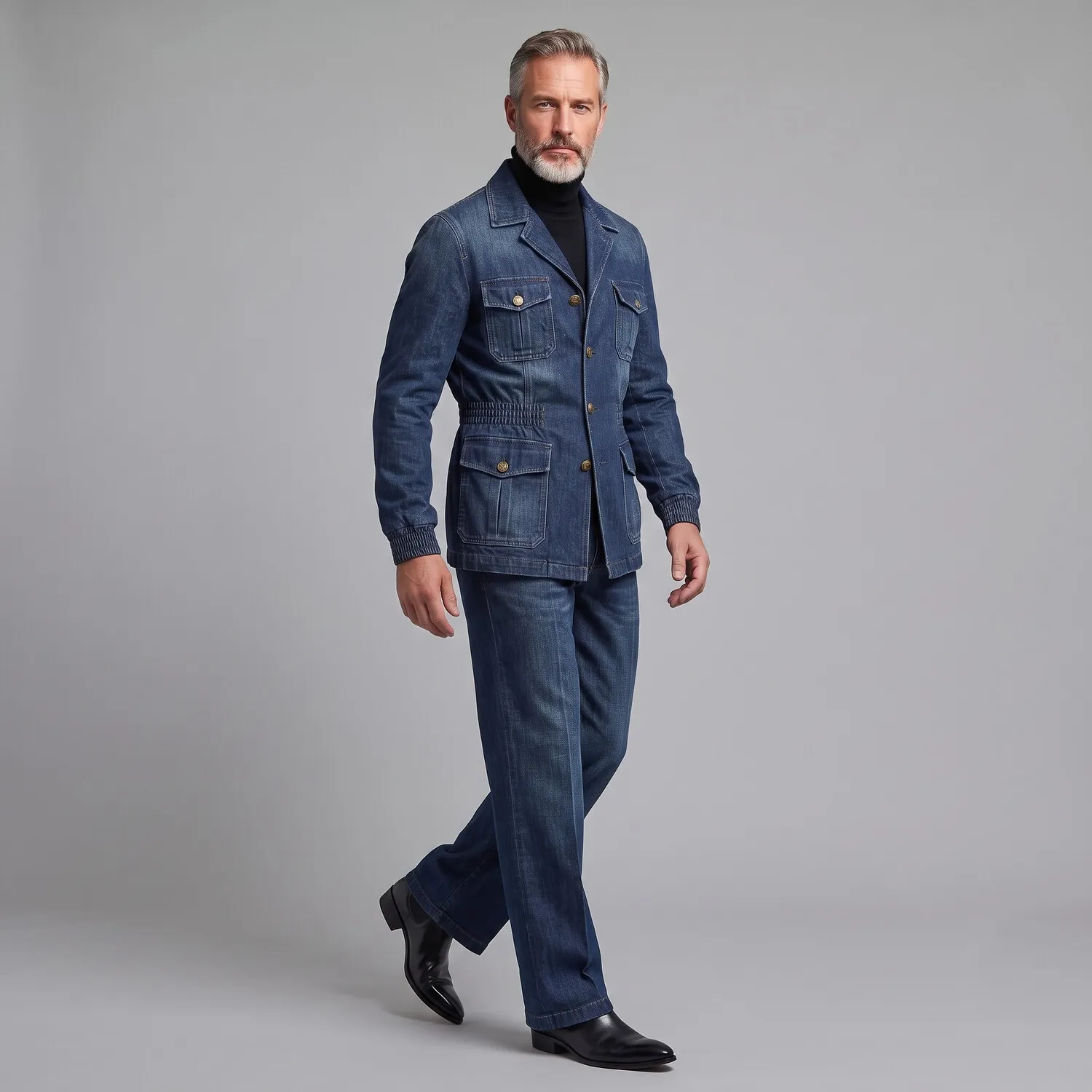 para hombre retro Navy Blue Multi-Pocket Elastic Waist Wash Denim Safari chaqueta