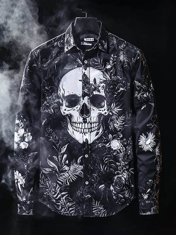 Camisa para exterior vintage Skull and floral de manga larga para hombre