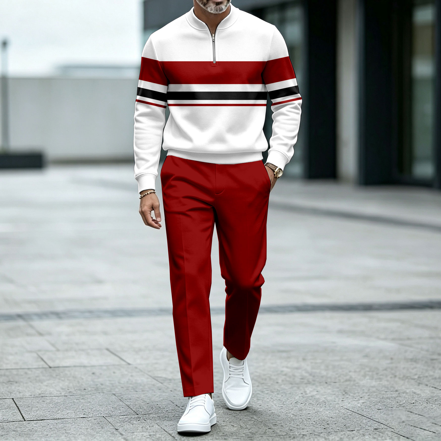 para hombre Two-Tone Round-Neck Zipper de manga larga camisa and pantalón Set