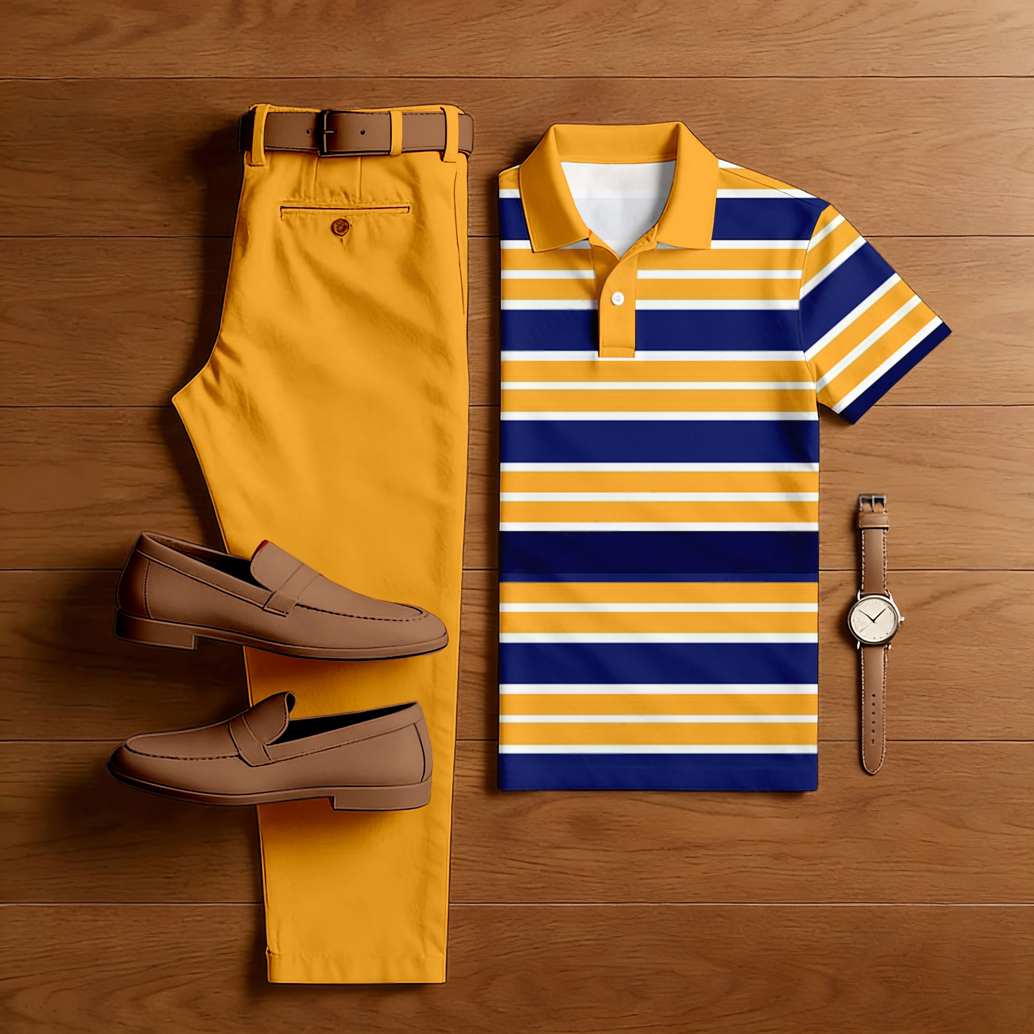 Conjunto de dos piezas casual Ginge Yellow & Royal Blue Color Matching a rayas estampado de manga corta camisa polo & Trousers para hombre