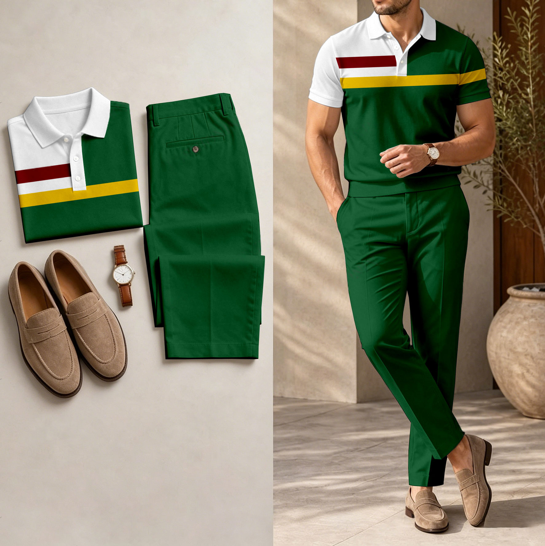Conjunto de dos piezas casual Dark Green Geometric estampado camisa polo And pantalón para hombre