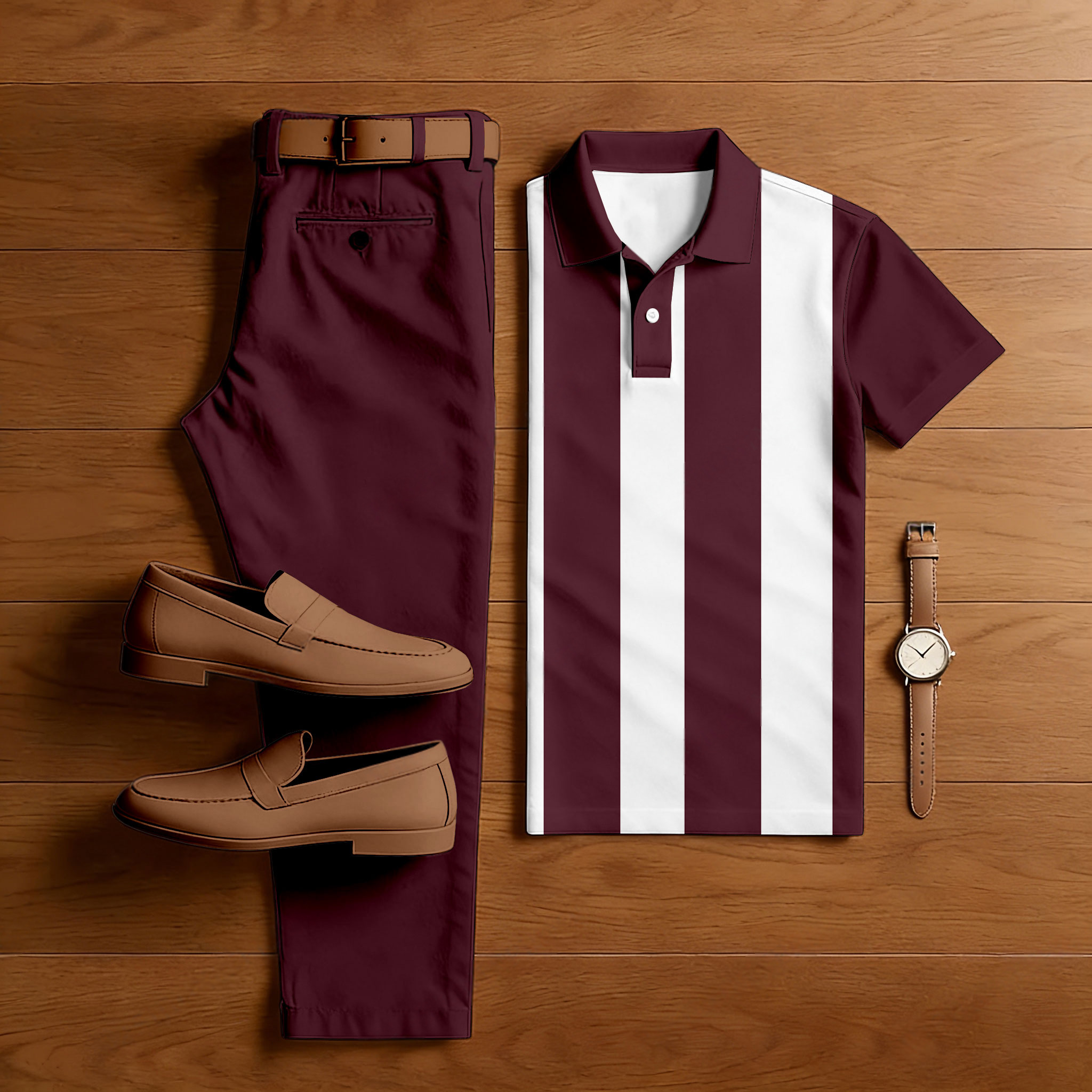 Conjunto de dos piezas casual Burgundy & White rayas estampado camisa polo And pantalón para hombre