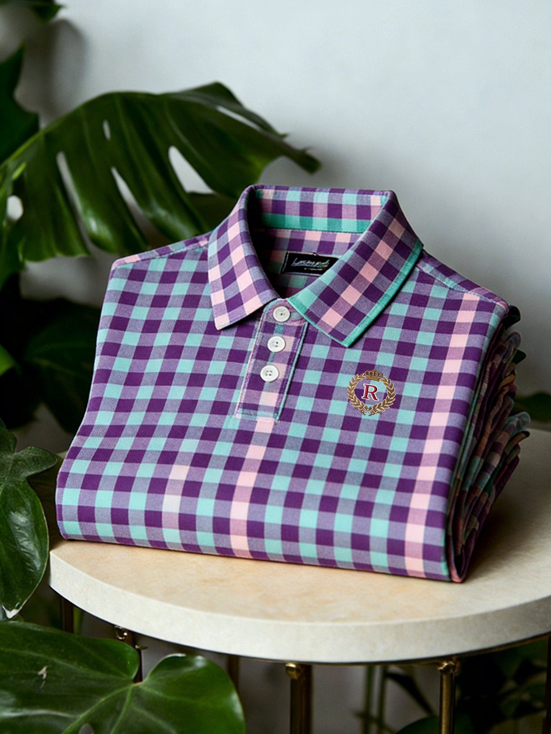 Camisa polo ejecutivo casual Button de manga corta a cuadros para hombre