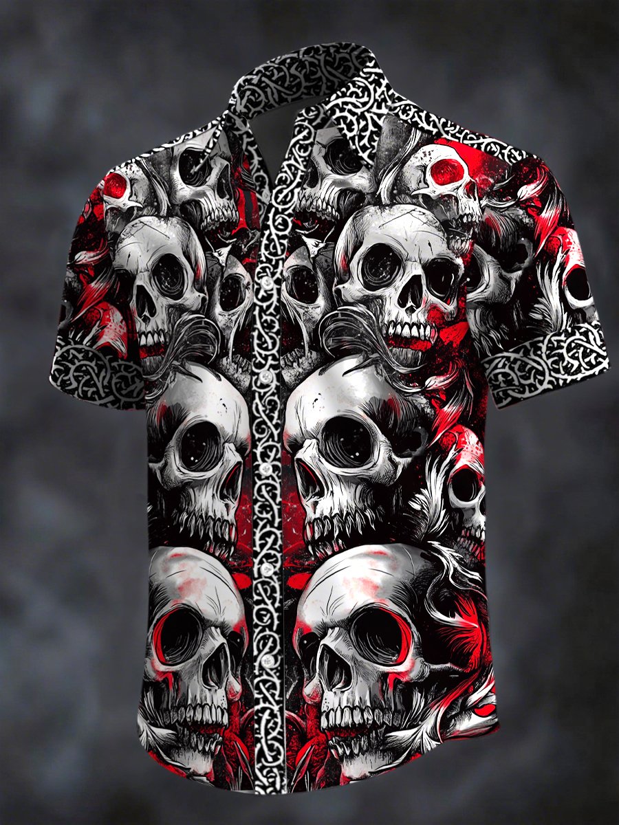 Camisa retro Horror Skull estampado solapa de manga corta para hombre