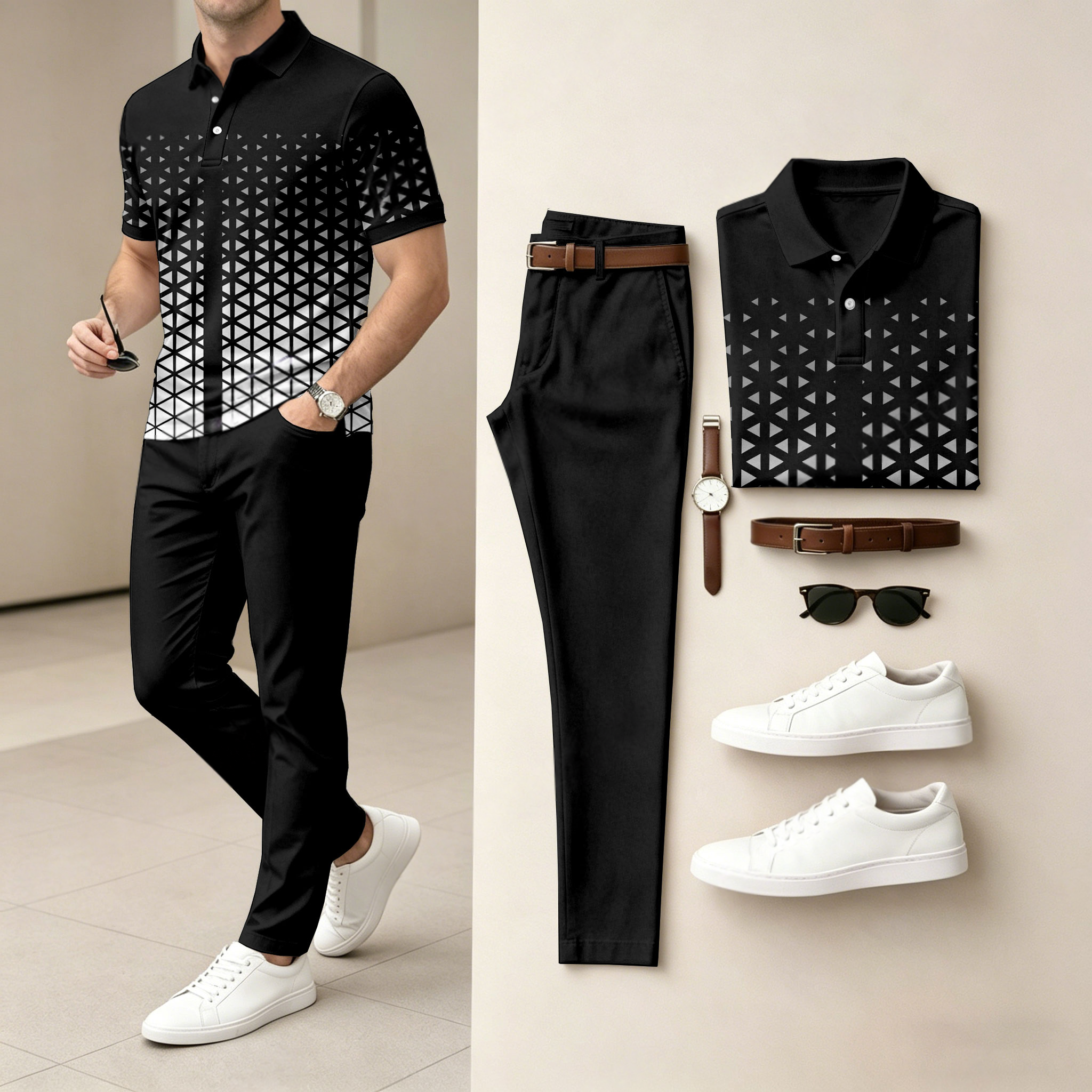Camisa polo casual Black-And-White Gradient estampado de manga corta And pantalón Set (Excludes Accessories Such As Watches And Belts) para hombre