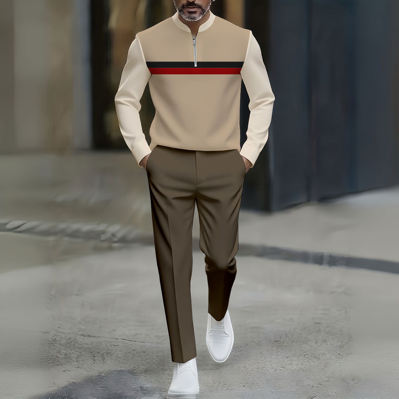 Conjunto de dos piezas casual Khaki & Brown Color Matching estampado Round-Neck Zipper de manga larga Trousers para hombre