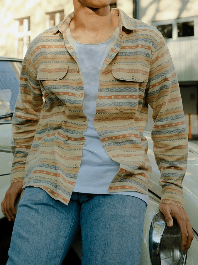 Camisa retro Western Ethnic Aztec en bloques de color para hombre