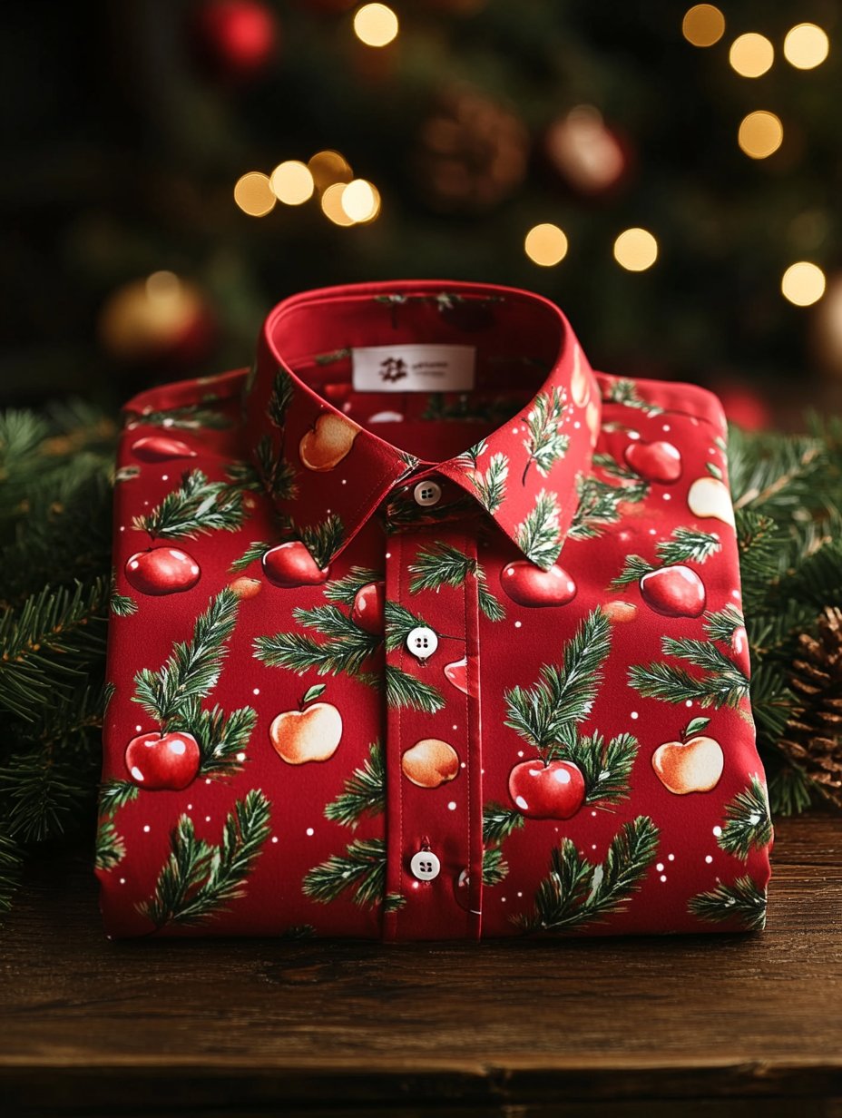 Camisa ejecutivo Christmas Apple estampado de manga larga para hombre