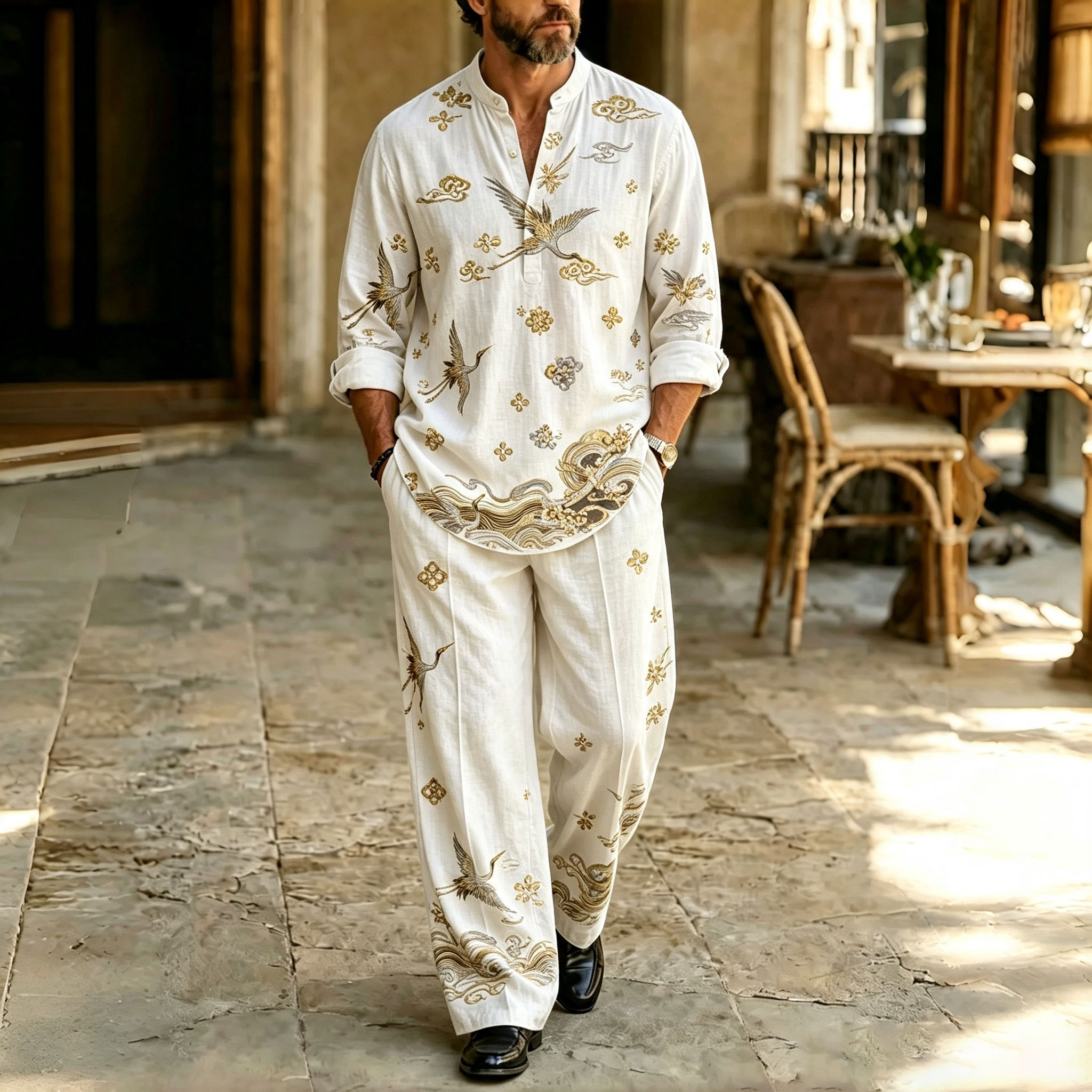 para hombre Ethnic-Print Stand-Collar camisa polo and pantalón Set