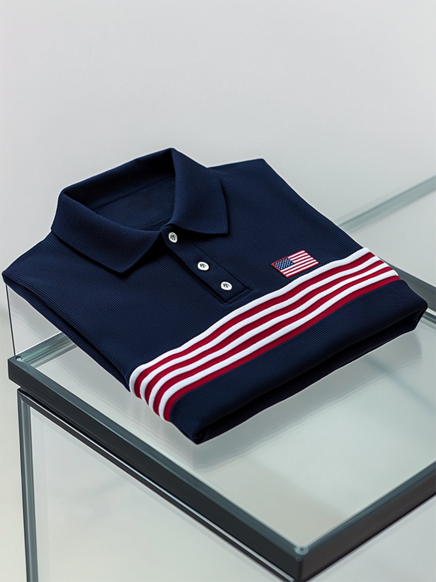 Camisa polo ejecutivo casual a rayas Independence Day Button de manga corta para hombre