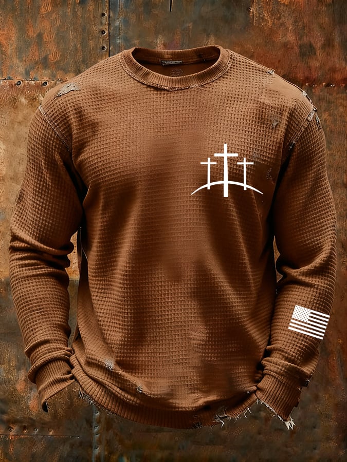 Camiseta vintage Faith Cross Design Waffle Fabric de manga larga para hombre