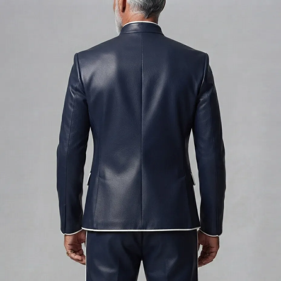 para hombre Navy Blue PU Leather Stand Collar Contrast Piping Double-Breasted chaqueta