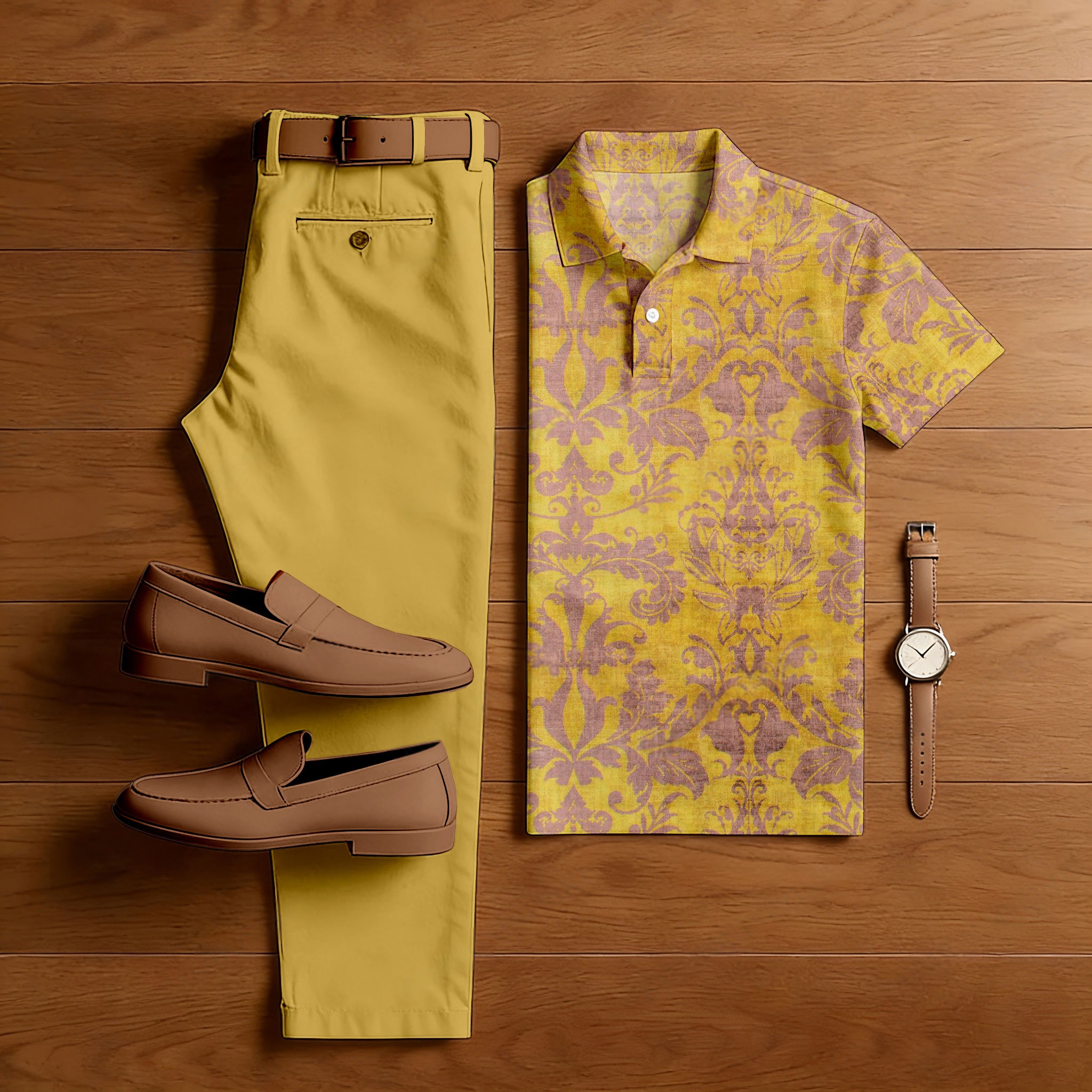 Conjunto de dos piezas casual Yellow And Pink estampado camisa polo And Trousers para hombre
