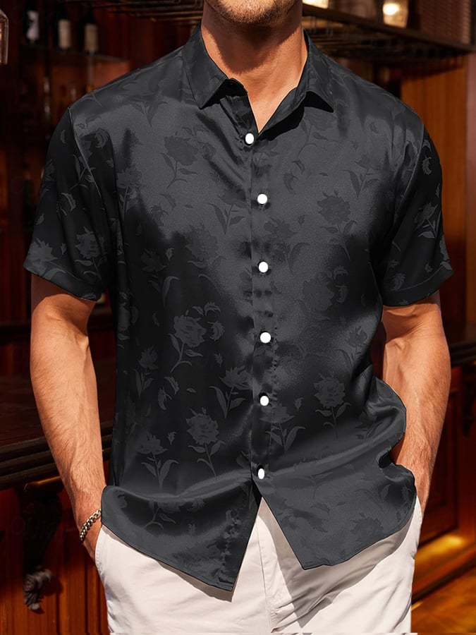 Camisa de moda ejecutivo de lujo satén de color sólido de manga corta para hombre