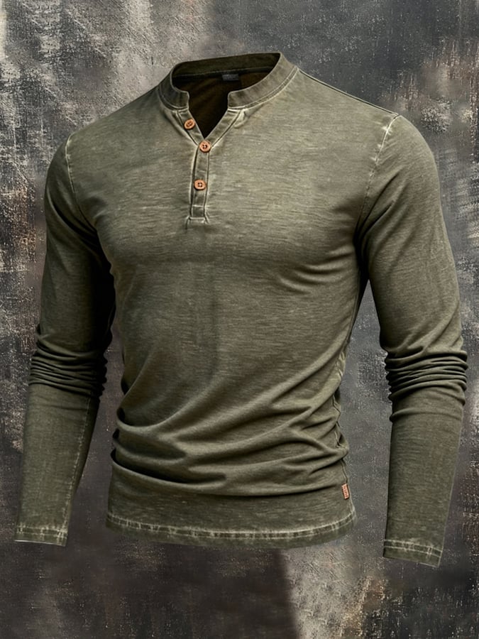 Camiseta vintage Washed And desgastado Pure de algodón Henley Neck de manga larga para hombre