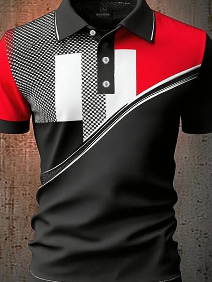 Camisa polo casual clásico Contrast Color estampado ejecutivo de manga corta para hombre