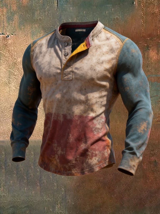 Retro en bloques de color de manga larga Henley para hombre
