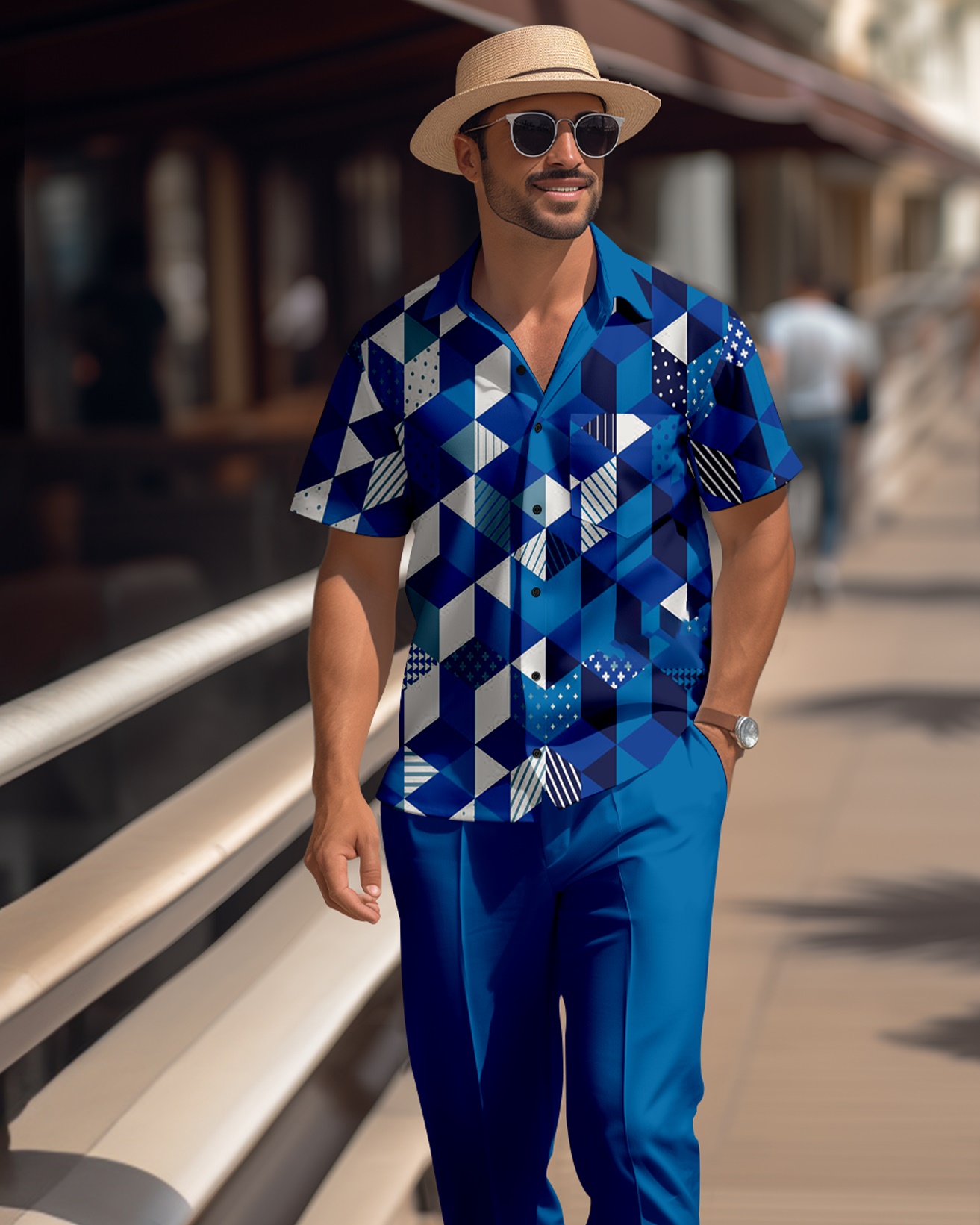 Camisa retro colorblock de manga corta walking Suit 1672 para hombre