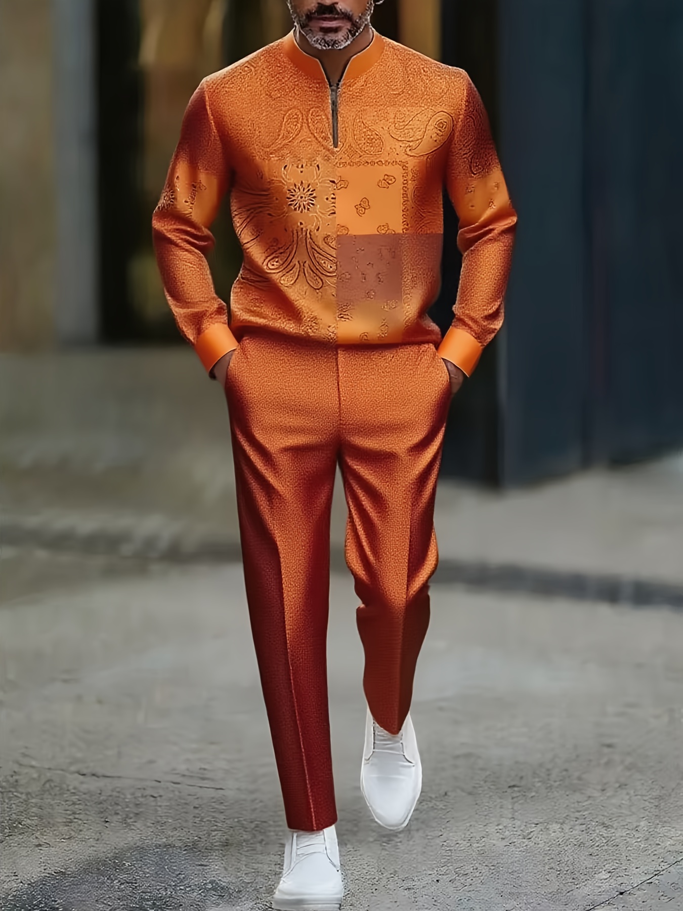 Conjunto de dos piezas casual Color Flower estampado Round-Neck cierre de manga larga Trousers Orange para hombre