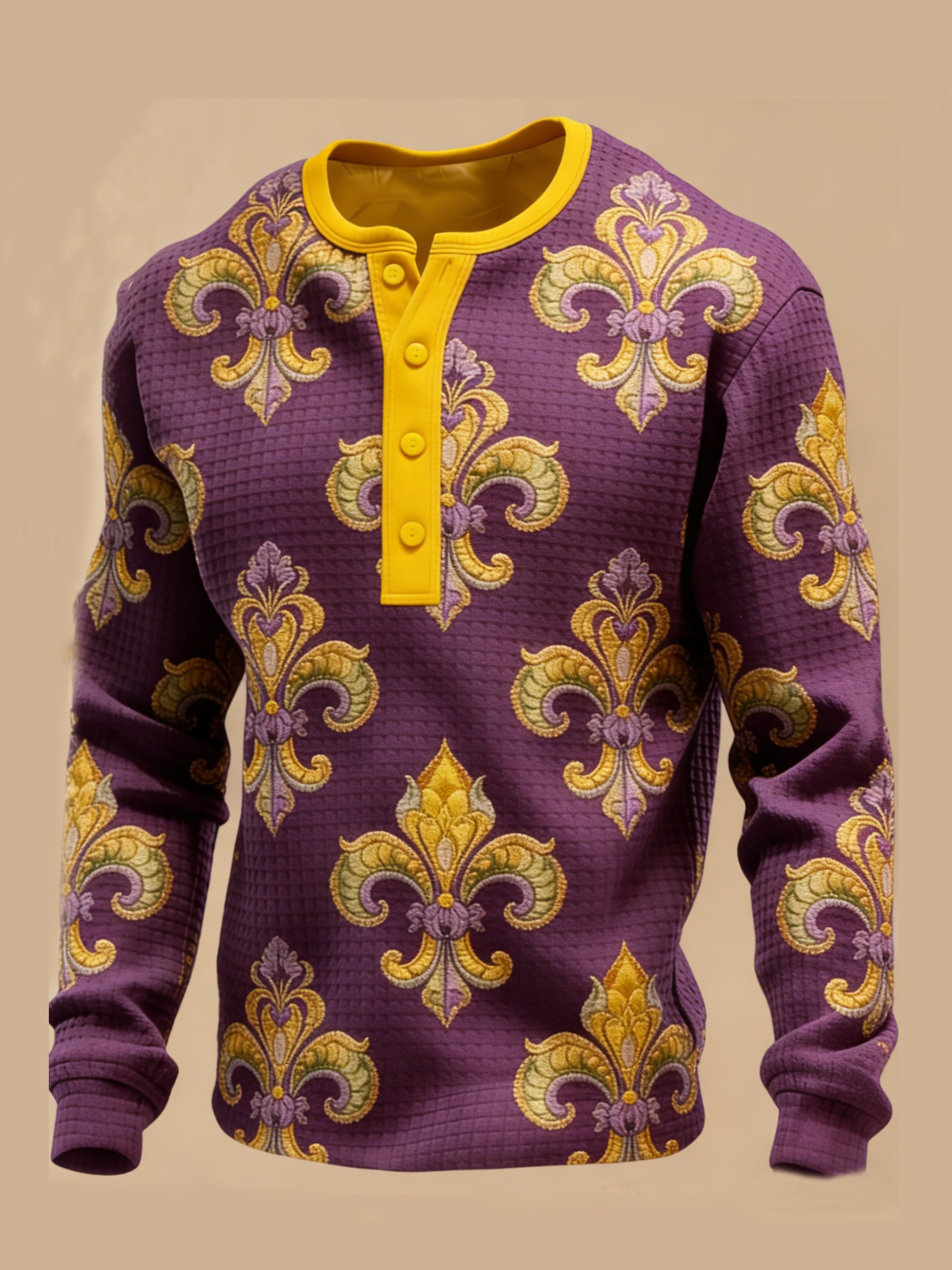 Camisa New Orleans Louisiana Mardi Gras Fleur De Lis Waffle Henley para hombre
