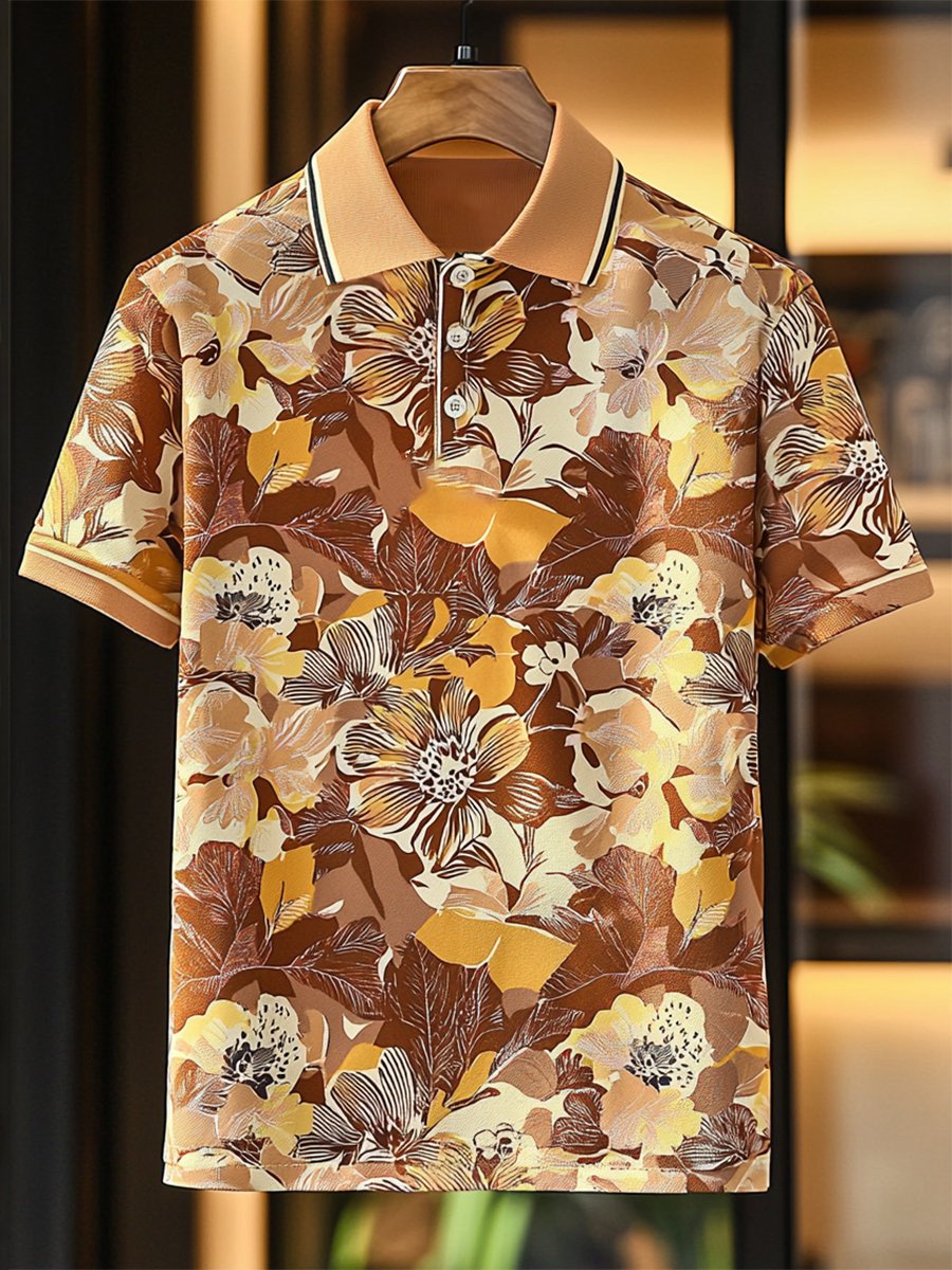 Camisa polo casual Festive floral estampado Button de manga corta para hombre