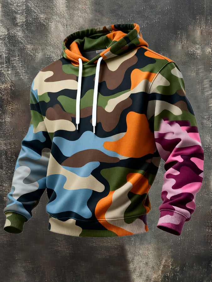 Sudadera retro desgastado en bloques de color camuflaje estampado casual de manga larga para hombre