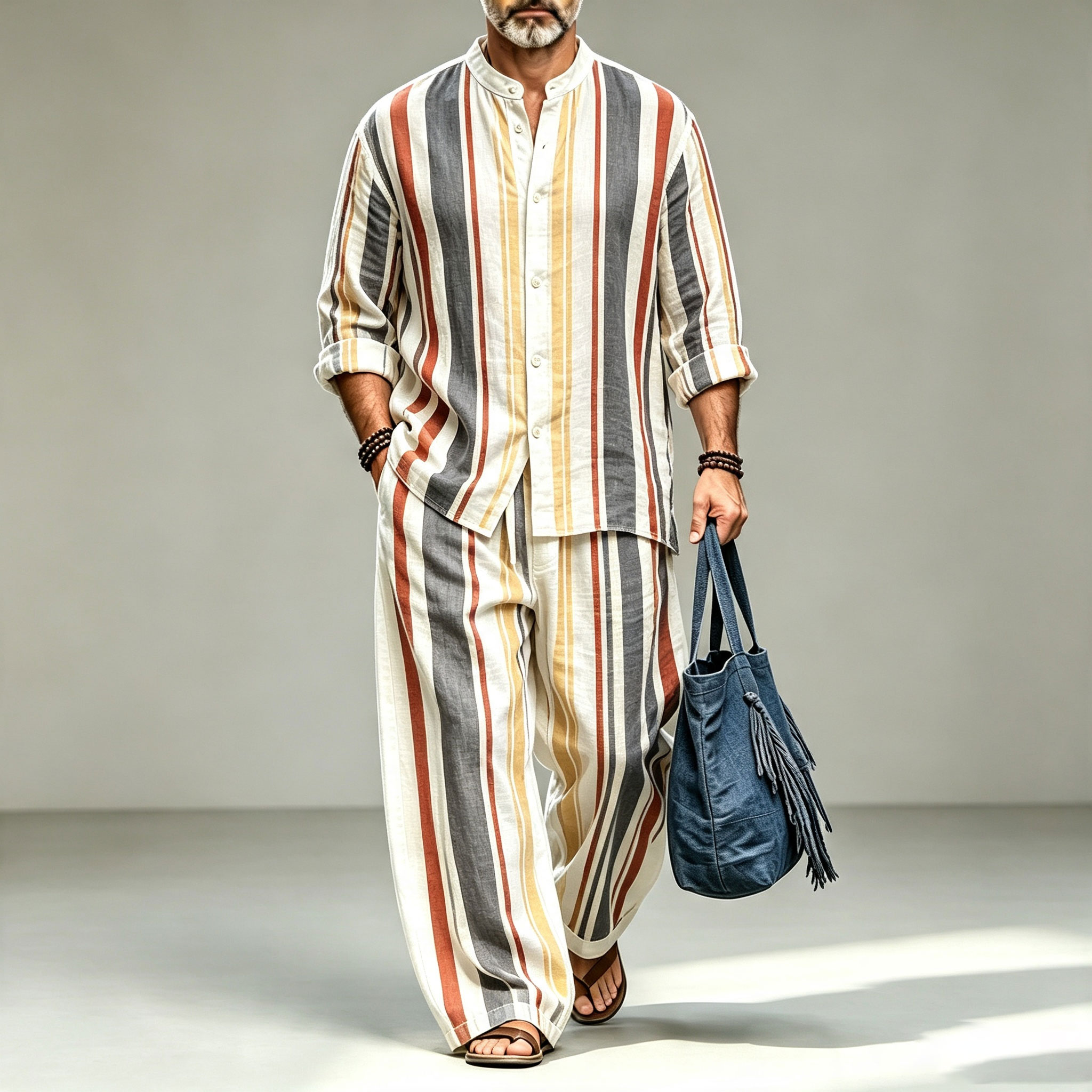 para hombre a rayas Print Stand-Collar de manga larga camisa and pantalón Set