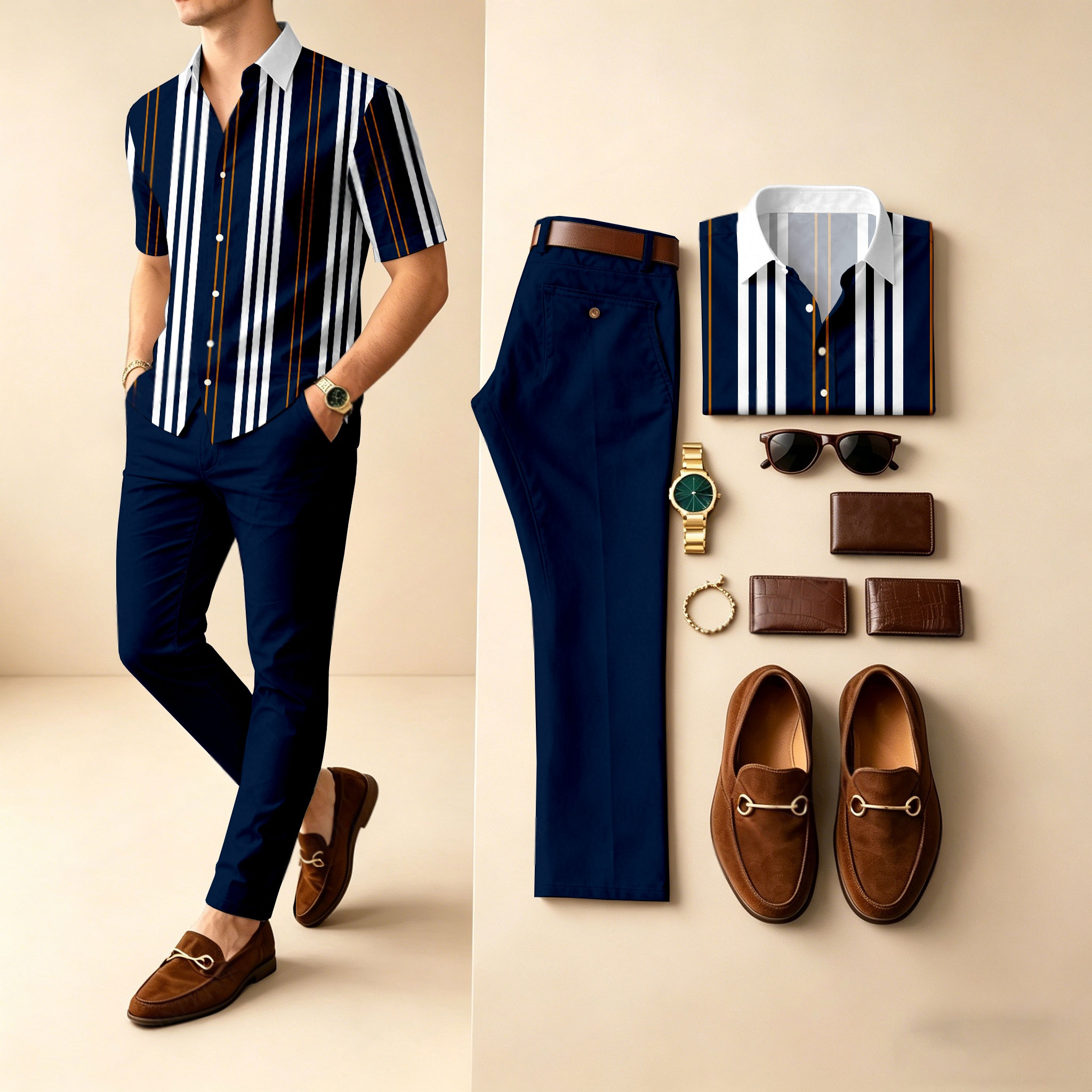 Conjunto de dos piezas casual Black & White rayas estampado camisa polo And pantalón para hombre