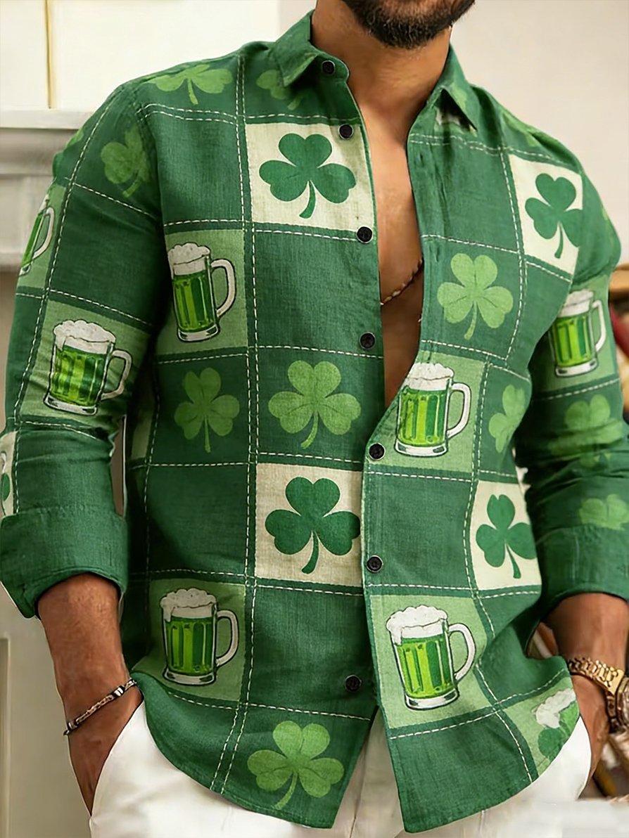 Camisa vintage St. Patrick's Day diseño de manga larga para hombre