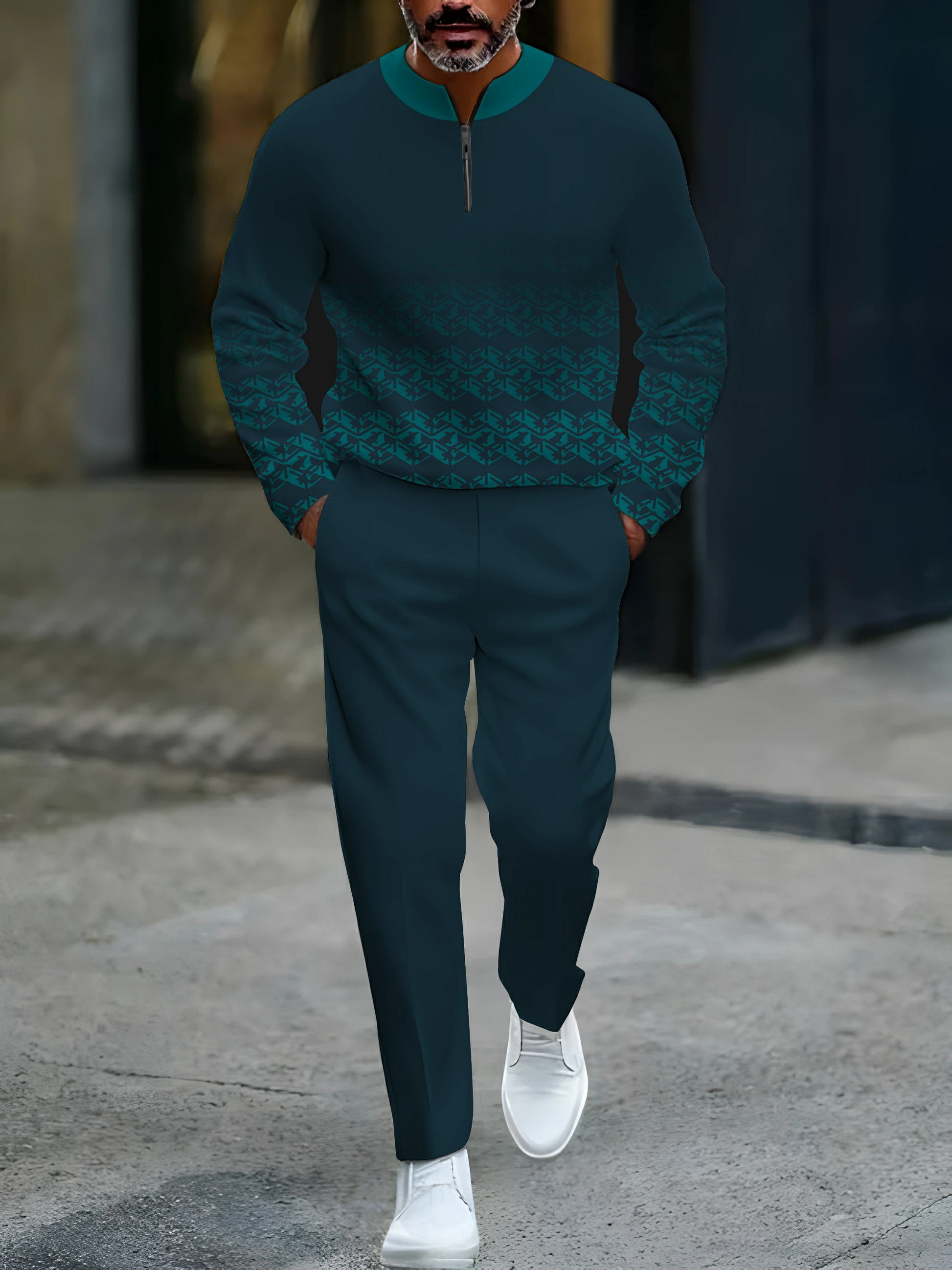 Conjunto de dos piezas casual Green Color Matching Gradien vintage estampado Round-Neck cierre de manga larga Tops & Trousers para hombre
