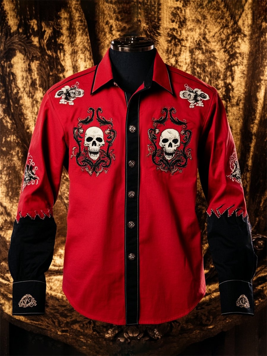 Camisa retro casual Skull estampado de manga larga para hombre