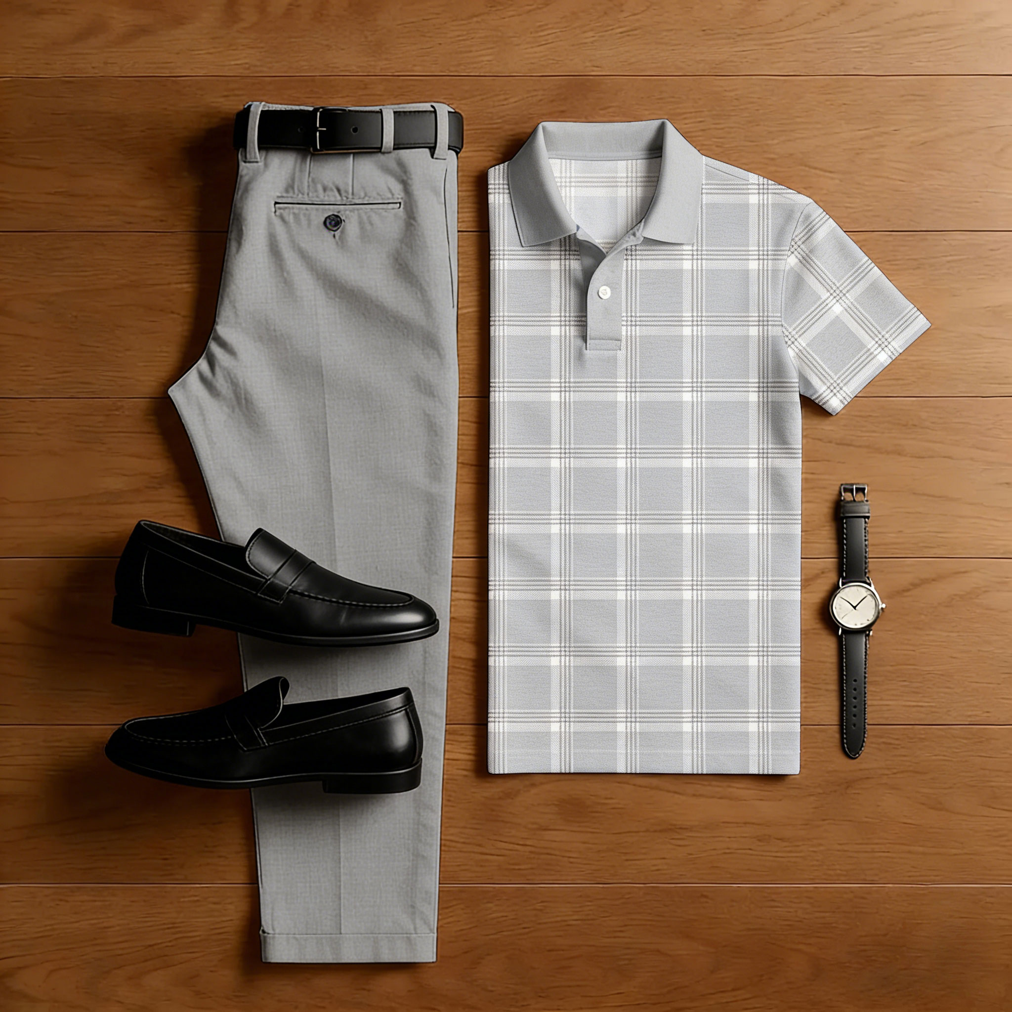 Conjunto de dos piezas casual Gray a cuadros estampado camisa polo And Trousers para hombre