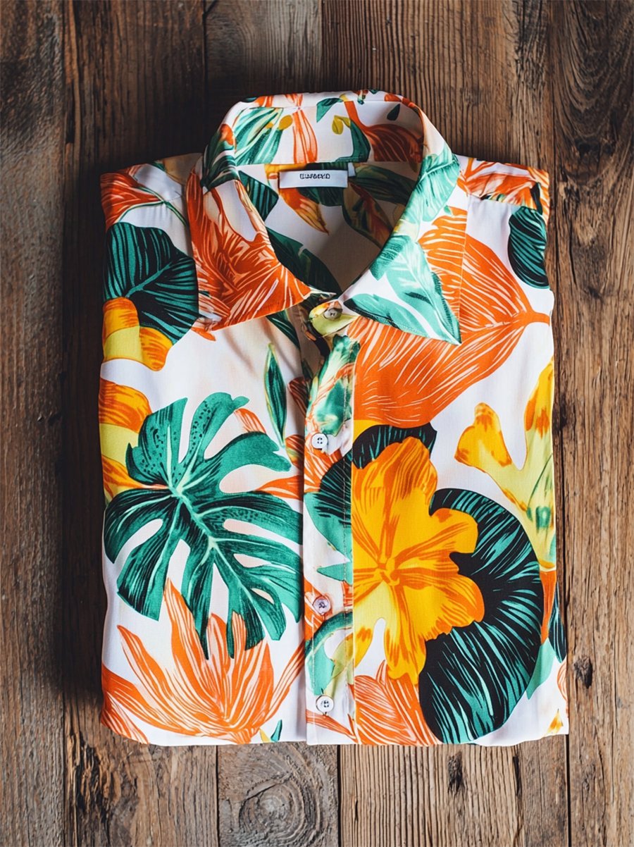 Camisa satén Luxe hawaiano estampado de manga corta Button para hombre
