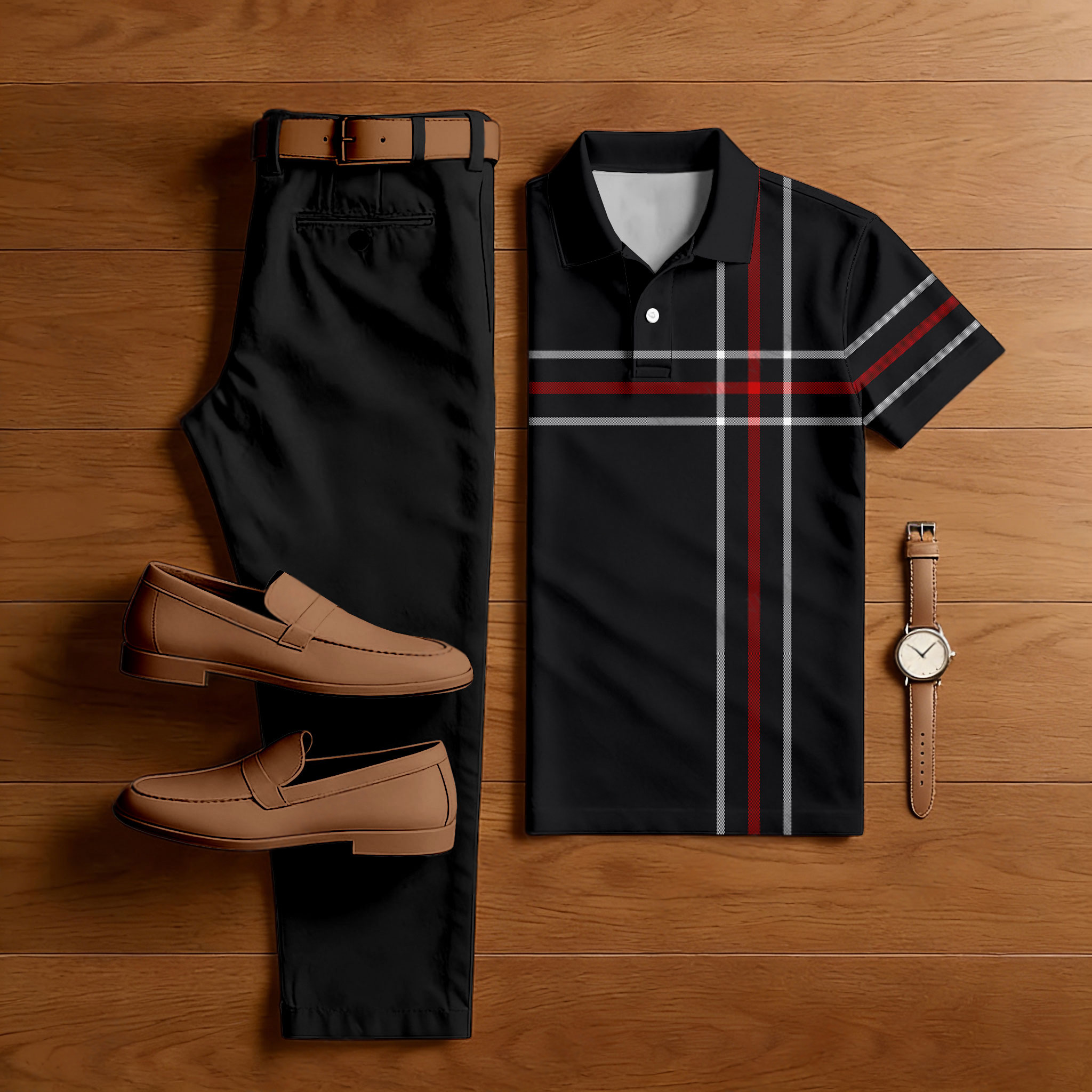 Conjunto de dos piezas casual Black & Red Color Matching Checkered estampado de manga corta camisa polo & Trousers para hombre