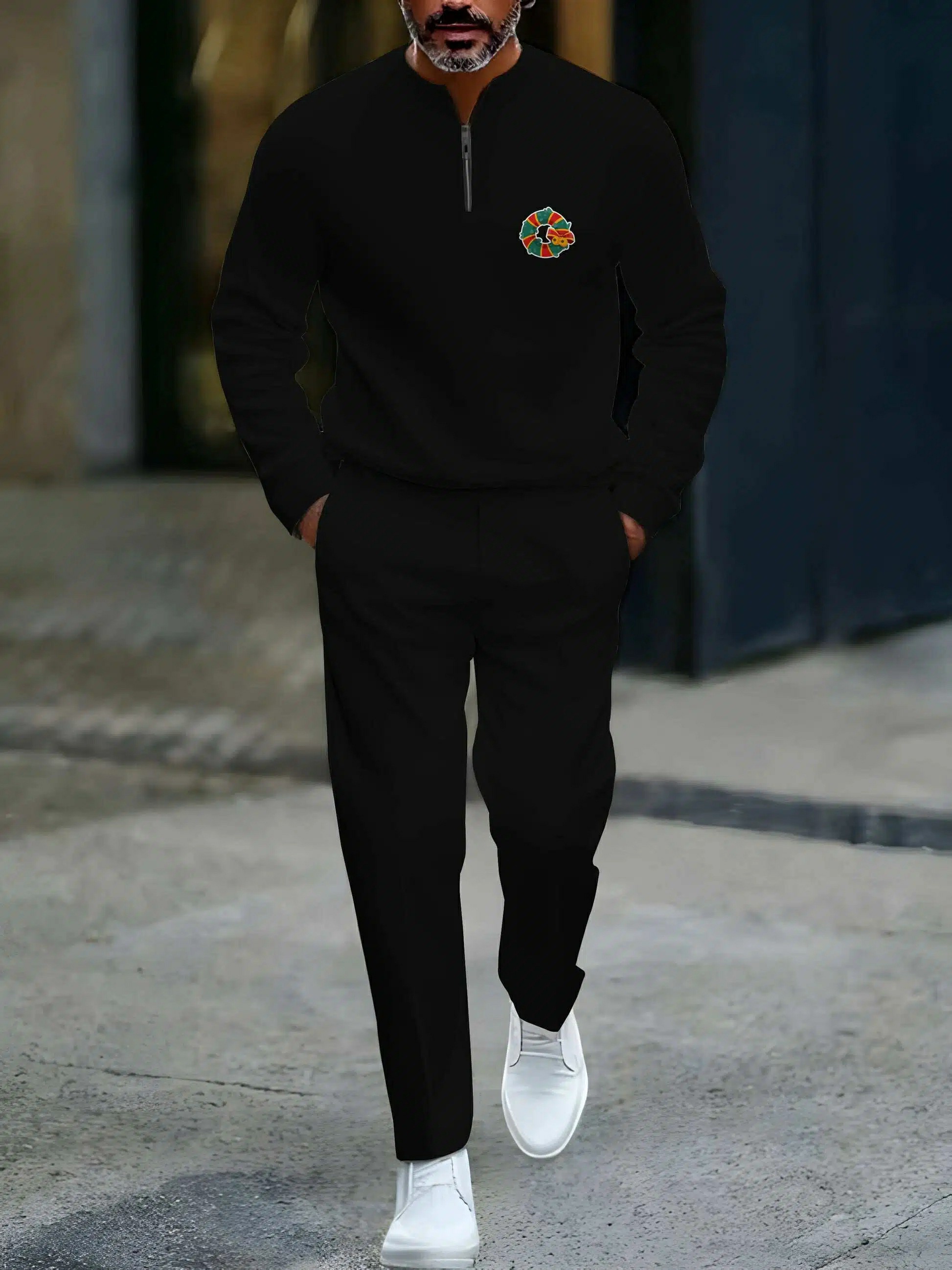 Conjunto de dos piezas casual Black Color Matching Christmas estampado Round-Neck Zipper de manga larga sudadera & Trousers para hombre