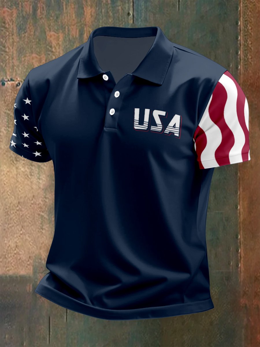 Camisa polo para exterior Independence Day American Flag Button de manga corta para hombre
