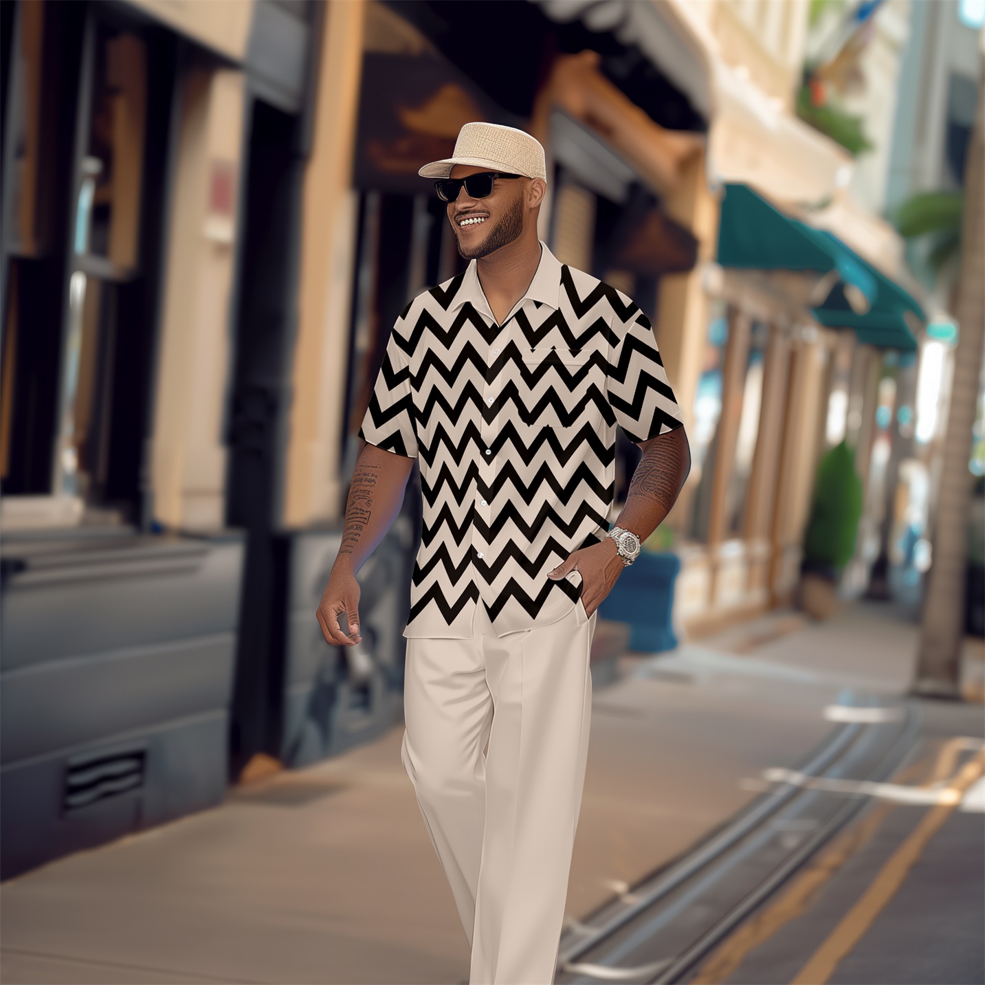 Camisa retro de manga corta Walking Suit 1642 para hombre