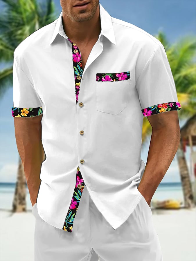 Camisa Resort Style Contrast estampado casual de manga corta para hombre