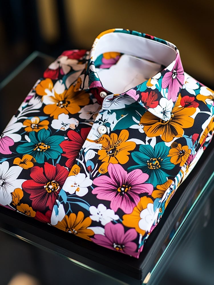 Camisa satén Luxe hawaiano Compact floral de manga corta con botones para hombre