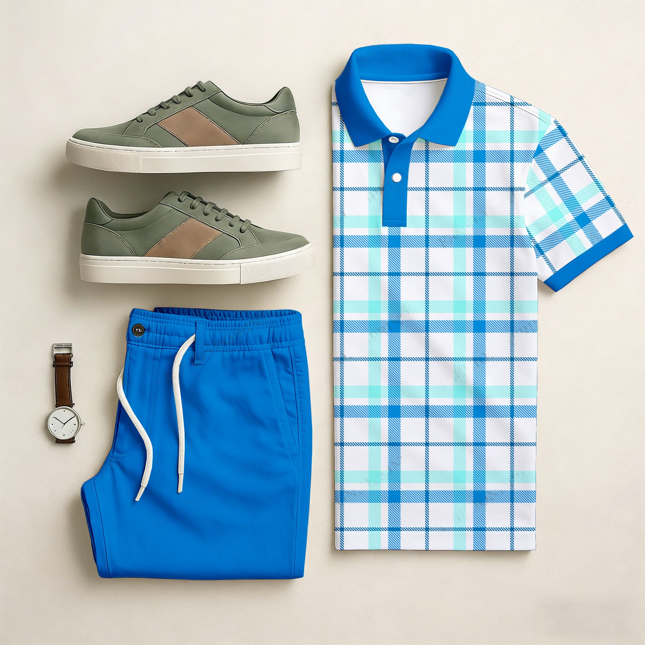 Conjunto de dos piezas casual Blue & White Color Matching Checkered estampado de manga corta camisa polo & Trousers para hombre