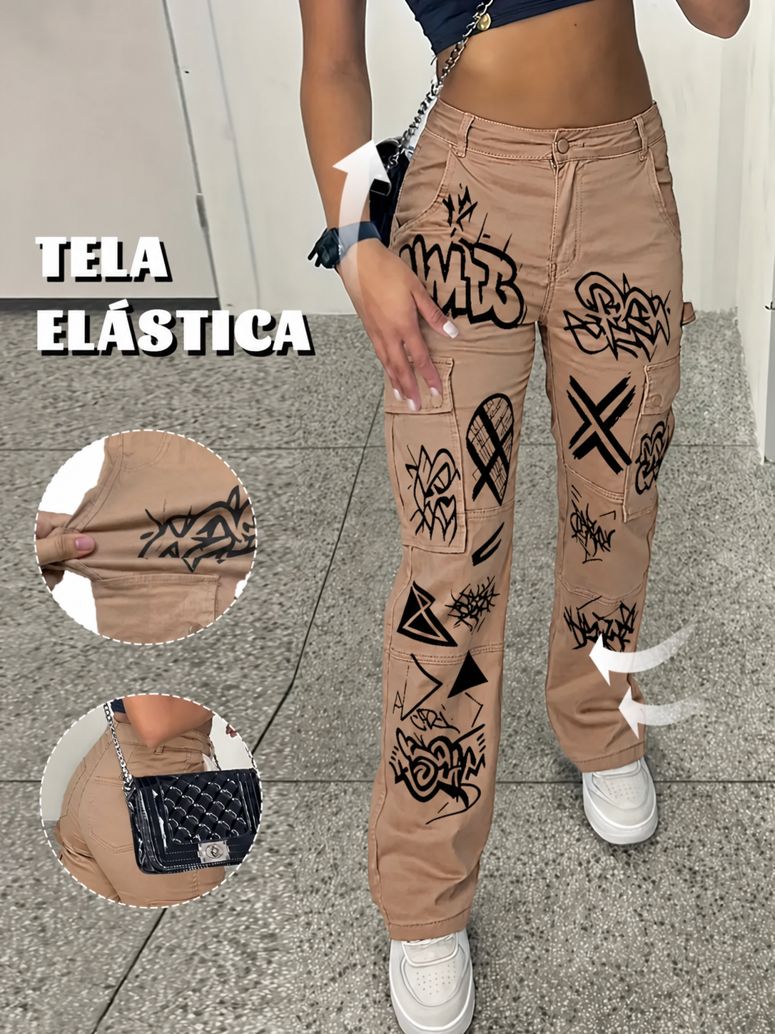 Pantalón cargo elástico de tiro alto para mujer · vista 3