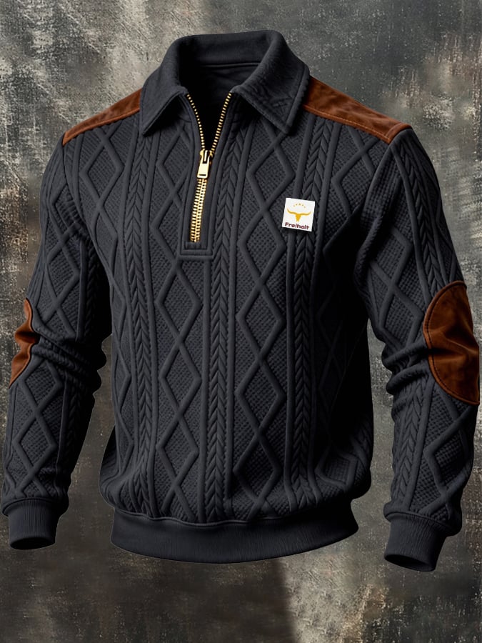 Sudadera retro jacquard texturizado Patchpara trabajo Comfortable Color-Blocked con cierre para hombre