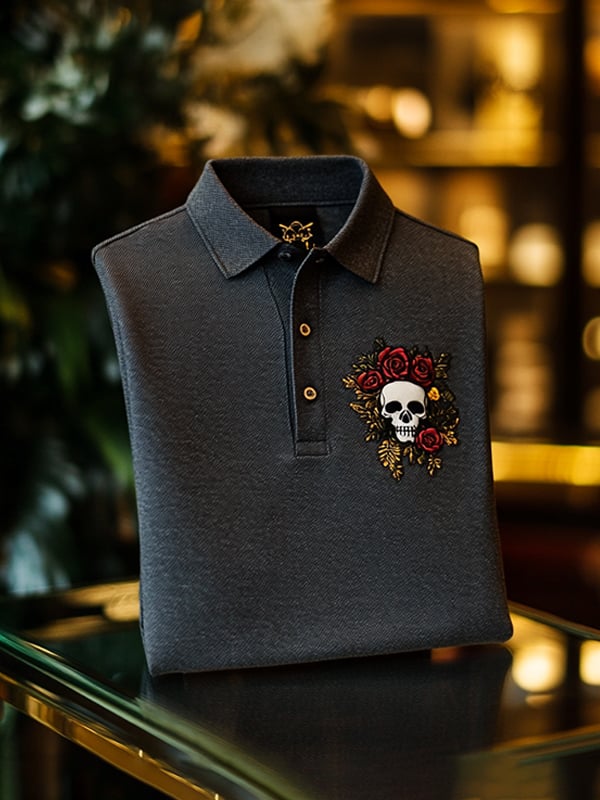 Camisa polo ejecutivo casual Skull estampado con botones para hombre